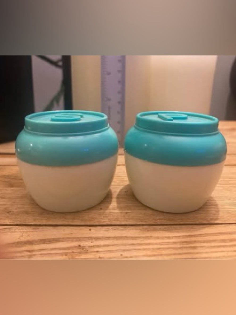 Vintage Mid-Century Plastic Salt & Pepper Shakers Aqua Teal Blue & White Retro